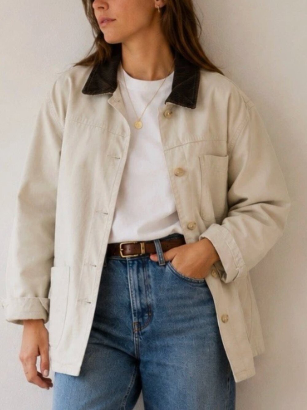 Vtg Basic Editions Canvas Barn Chore Jacket Brown Corduroy Collar sz M Cottage - Picture 2 of 9